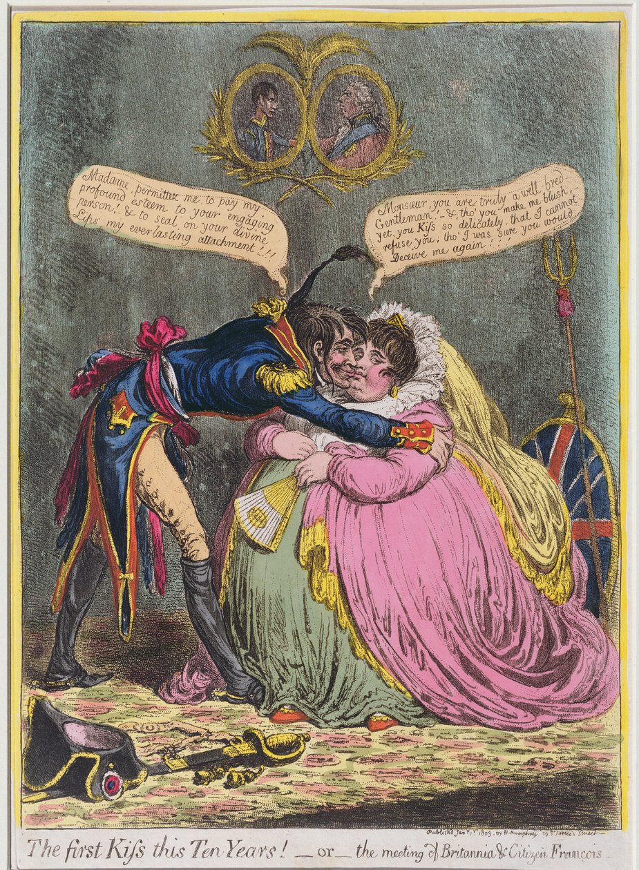 Az első csók tíz év óta! vagy The Meeting of Britannia und Citizen Francois, Hannah Humphrey 1803-ban (kézzel színezett rézkarc akvatintával) alkotó: James Gillray