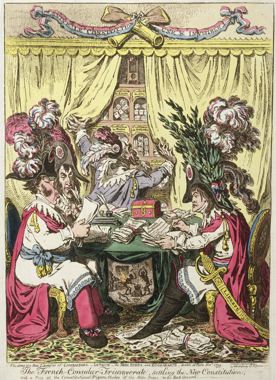 A francia konzuli triumvirátus, amely az új alkotmányt rendezi, a háttérben Abbe Sieyes alkotmányos galambdúcai, kiadta Hannah Humphrey 1800-ban (kézzel színezett metszet). alkotó: James Gillray
