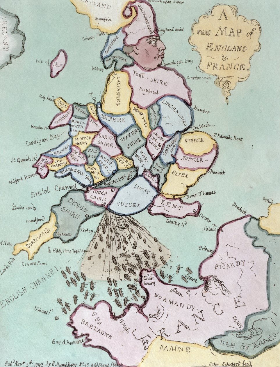 A francia invázió, avagy John Bull Bombarding the Bum-Boats, Hannah Humphrey 1793-ban (kézzel színezett rézkarc) alkotó: James Gillray