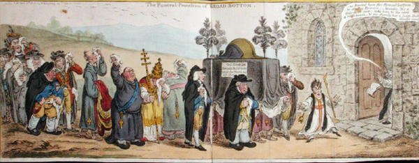 The Funeral Procession of Broad-Bottom, Hannah Humphrey 1807-ben (kézzel színezett rézkarc) alkotó: James Gillray