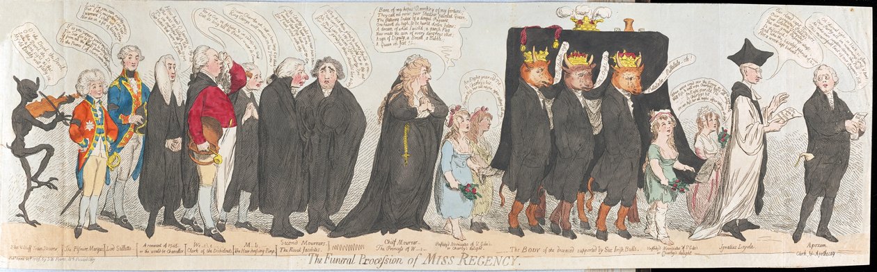 Regency kisasszony temetési menete, pub. 1789 (kézzel színezett metszet) alkotó: James Gillray