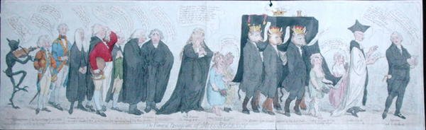 The Funeral Procession of Miss Regency, kiadó: S.W. Fores 1789-ben (kézzel színezett rézkarc) alkotó: James Gillray