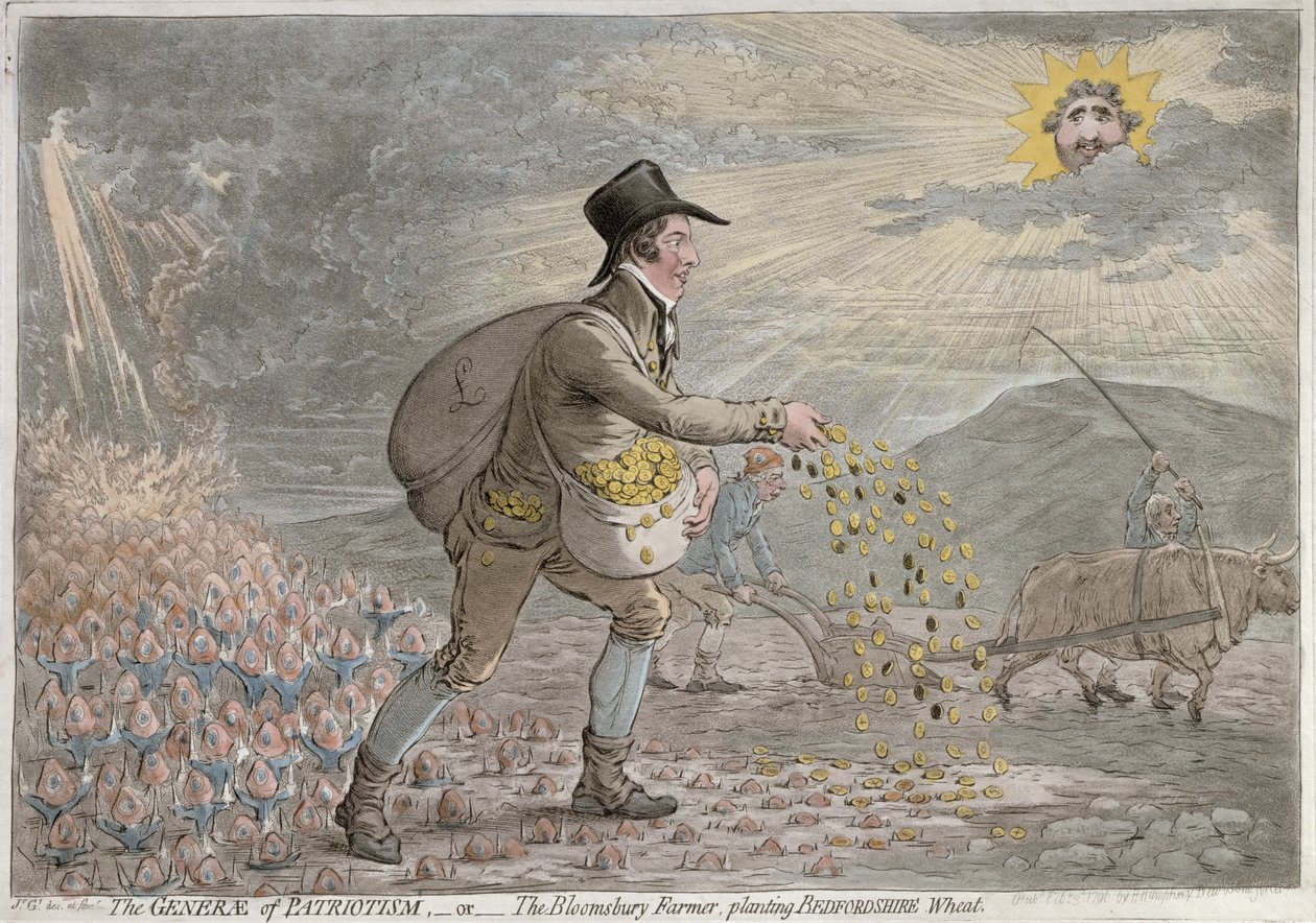 The Generae of Patriotism, or The Bloomsbury Farmer planting Bedfordshire Wheat, kiadó: Hannah Humphrey, 1796 (kézzel színezett metszet). alkotó: James Gillray