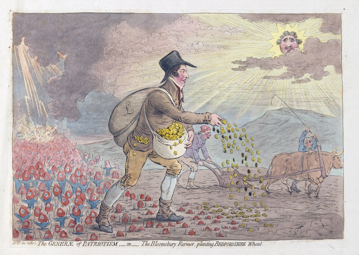 The Generae of Patriotism, vagy The Bloomsbury Farmer, aki Bedfordshire Wheat-et ültet, kocsma. 1796 (kézzel színezett metszet) alkotó: James Gillray