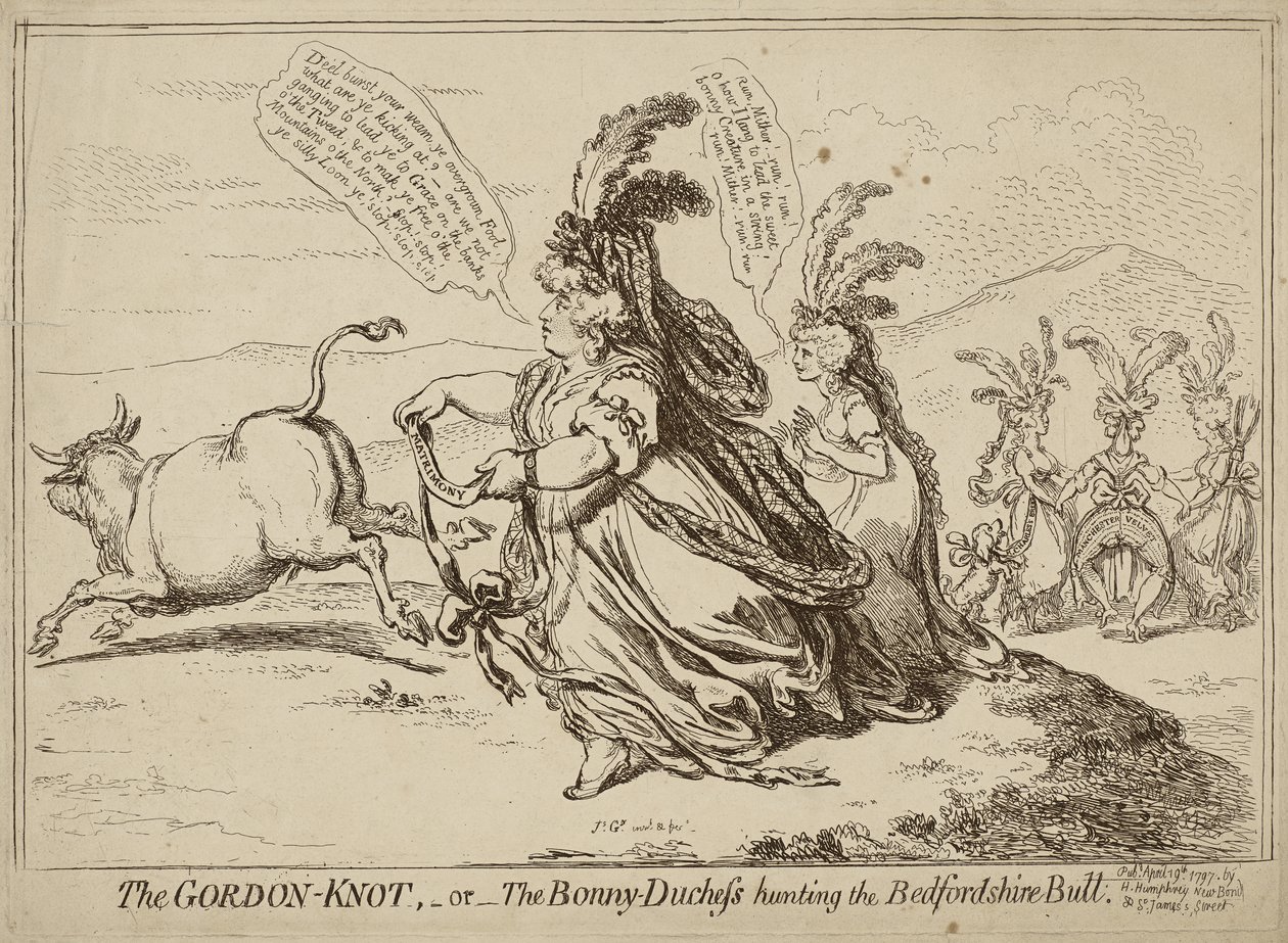 The Gordon Knot vagy The Bonny-Duchess Hunting the Bedfordshire Bull, megjelent 1797. április 29-én (metszet szőtt papírra) alkotó: James Gillray