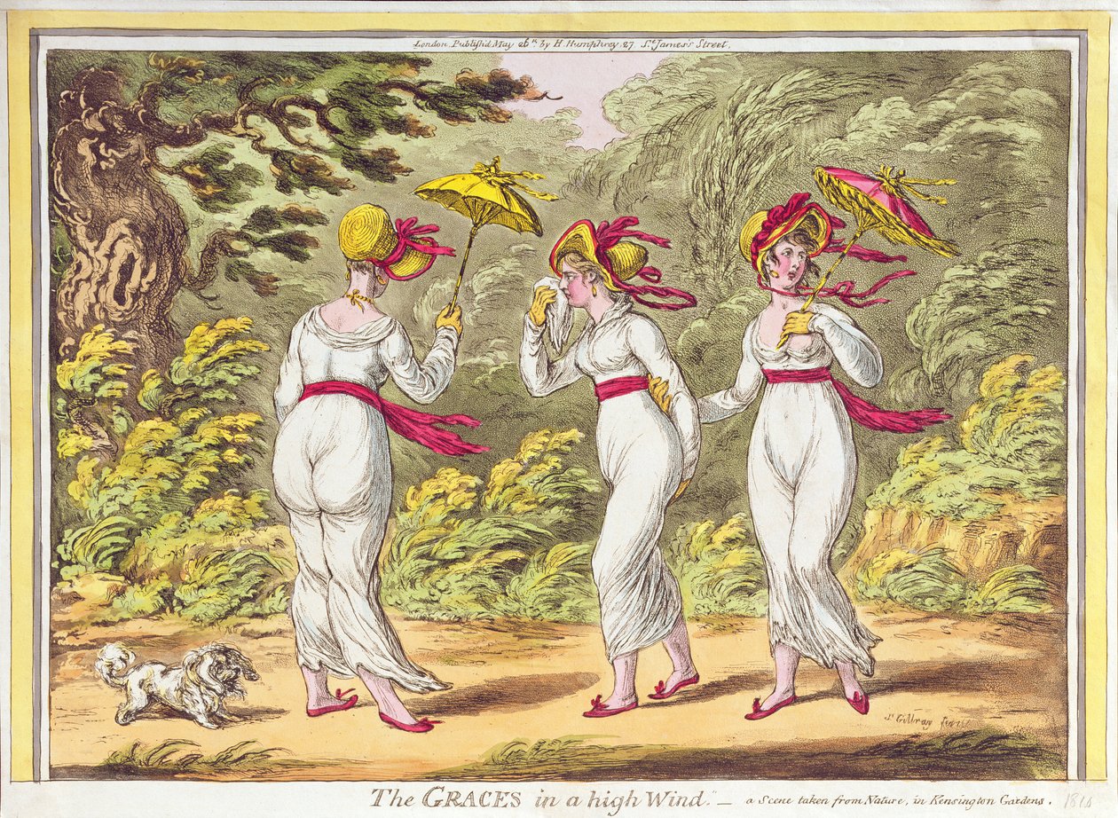 The Graces in a High Wind, egy jelenet a természetből a Kensington Gardens-ben, pub. Hannah Humphrey, 1810 alkotó: James Gillray
