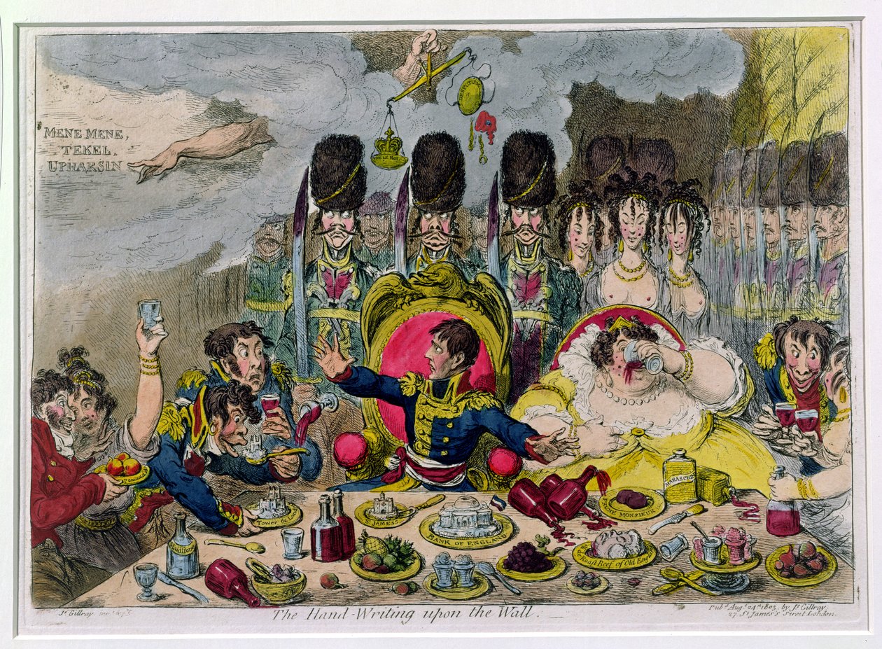 The Hand-Writing upon the Wall, kiadta Hannah Humphrey 1803-ban (kézi színezett metszet) alkotó: James Gillray