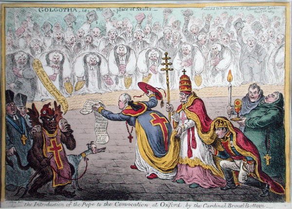 A pápa bevezetője az oxfordi összehíváshoz, Broad-Bottom bíborostól, Hannah Humphrey adta ki 1809-ben (kézzel színezett rézkarc) alkotó: James Gillray