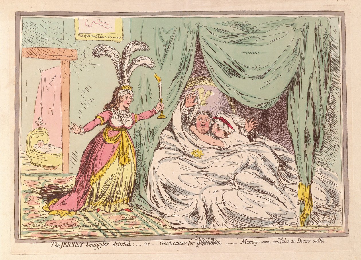 A Jersey-i csempész észlelte, vagy Jó ok az elválásra, a házassági fogadalmak hamisak, mint Dicers esküje, kocsma. 1796 (kézzel színezett metszet) alkotó: James Gillray