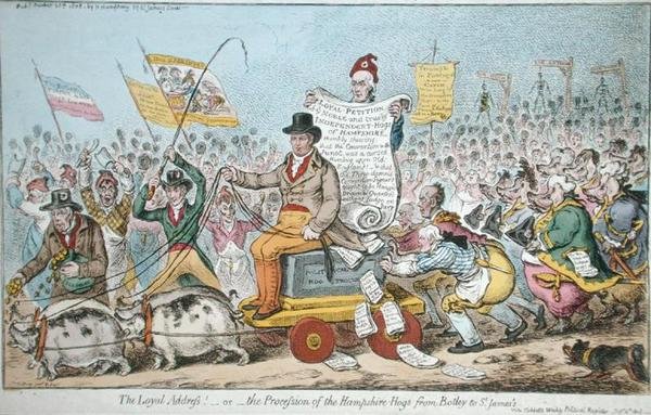 A hűséges cím! vagy The Procession of the Hampshire Hogs from Botley to St. James”, Hannah Humphrey adta ki 1808-ban (kézzel színezett rézkarc) alkotó: James Gillray