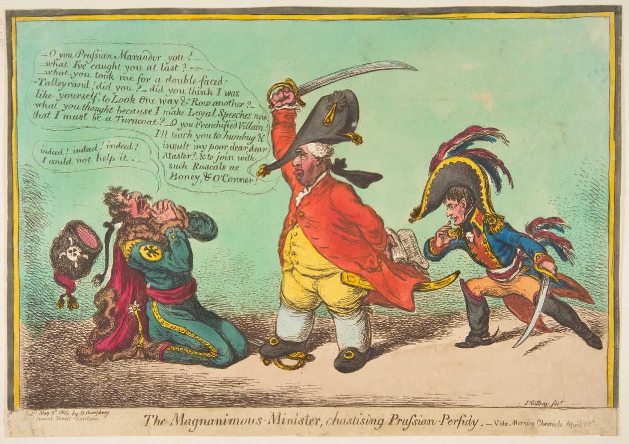 A nagylelkű miniszter, fenyítő porosz-perfidy, kocsma. 1806 (kézzel színezett metszet) alkotó: James Gillray