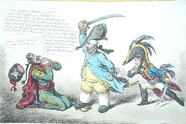 Hannah Humphrey 1806-ban kiadott A porosz perfidyt feddő nagylelkű miniszter (kézzel színezett rézkarc) alkotó: James Gillray