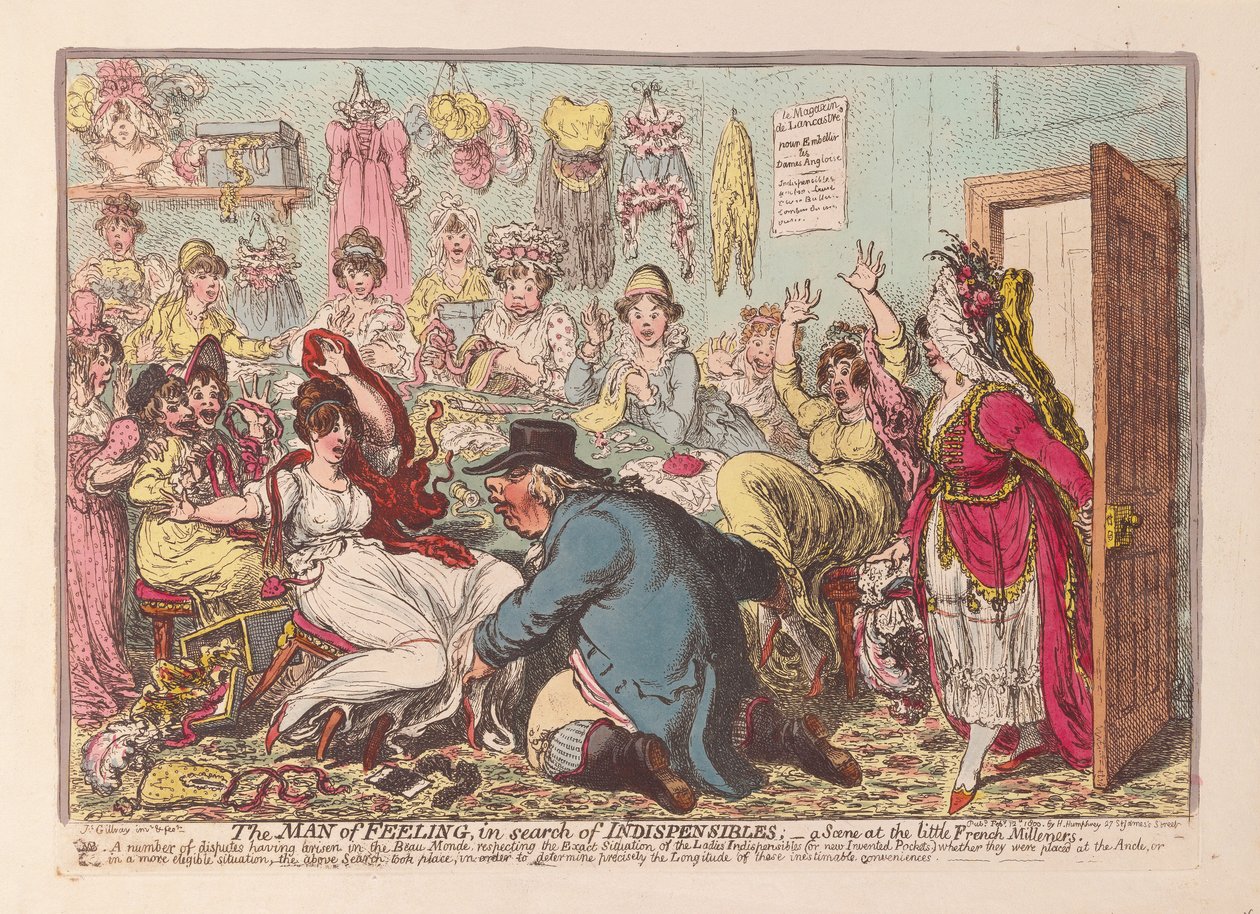 Az érzelmek embere nélkülözhetetleneket keresve; jelenet a kis francia Milliners kocsmában. 1800 (kézzel színezett gravírozás) alkotó: James Gillray