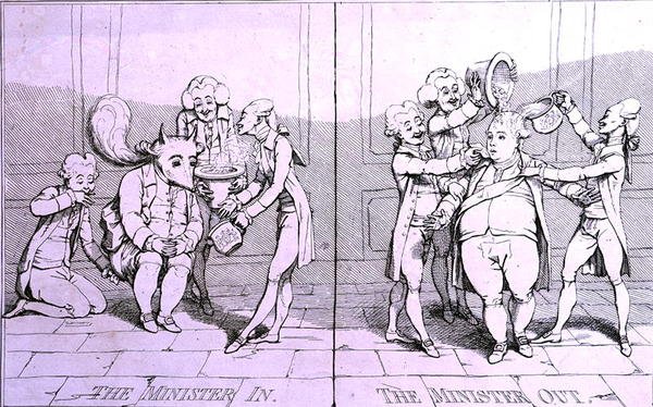 The Minister In - The Minister Out, William Humphrey adta ki 1782-ben (rézkarc) alkotó: James Gillray
