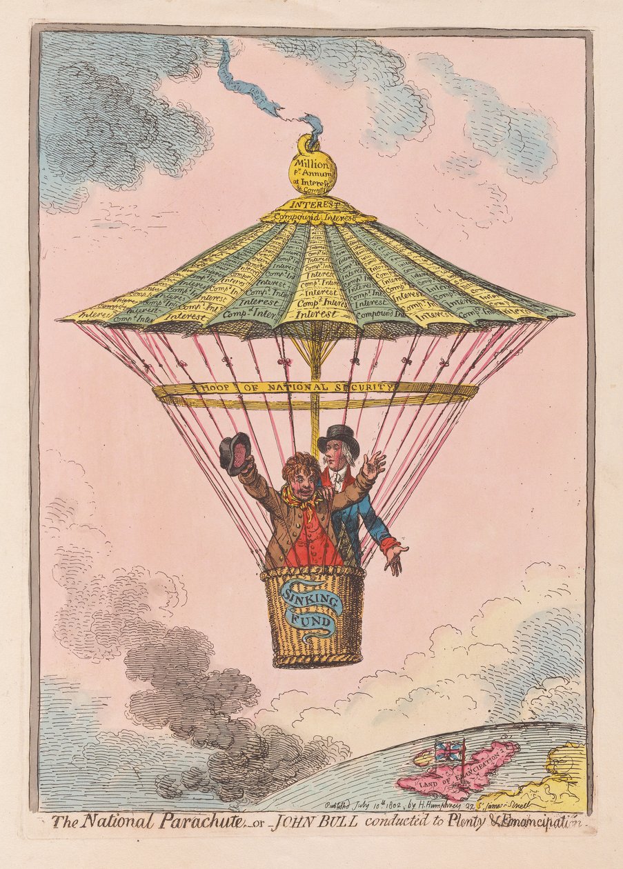 The National Parachute vagy John Bull vezényelve Plenty and Emancipation, pub. 1802 (kézzel színezett metszet) alkotó: James Gillray