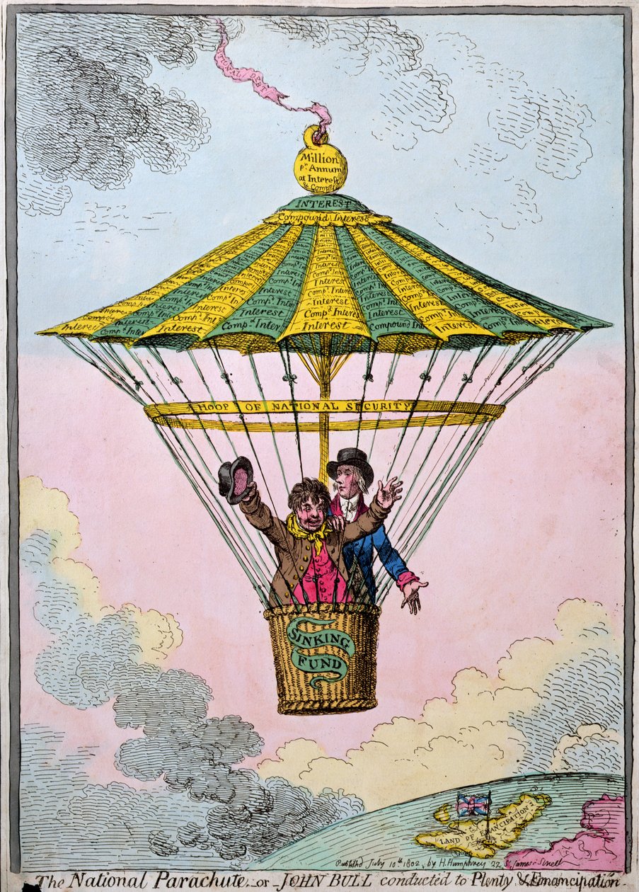 A nemzeti ejtőernyő, avagy John Bull vezénylete a bőséghez és az emancipációhoz, kiadta Hannah Humphrey 1802-ben (kézzel színezett metszet). alkotó: James Gillray