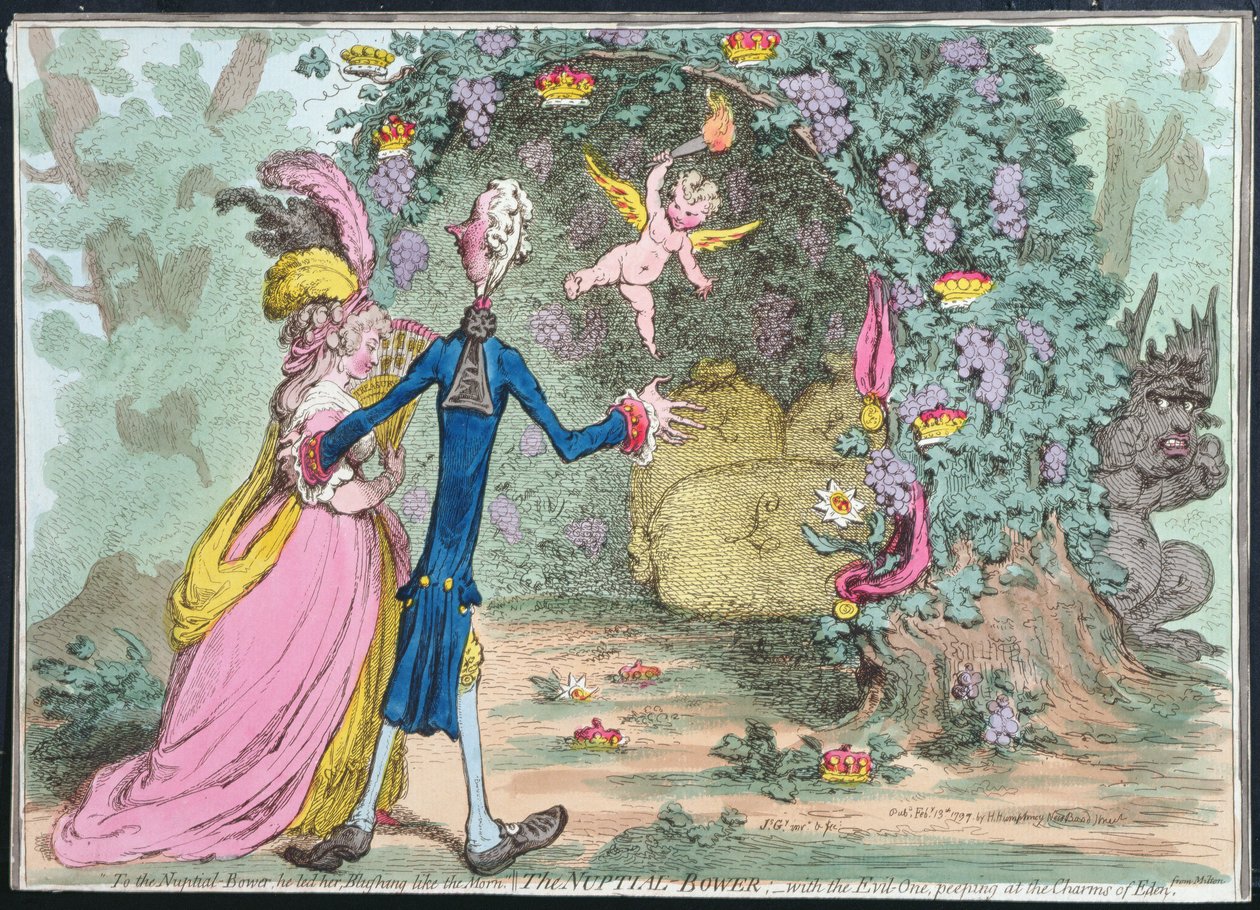 Az 1797-ben Hannah Humphrey által 1797-ben kiadott A Nuptial Bower az édeni báját kukucskáló gonosztevővel (kézzel színezett rézkarc) alkotó: James Gillray