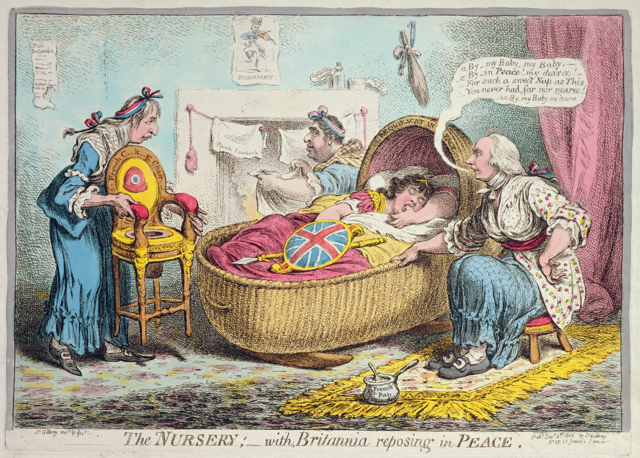 Az óvoda! Britannia békében nyugszik, Hannah Humphrey adta ki 1802-ben (kézzel színezett rézkarc) alkotó: James Gillray