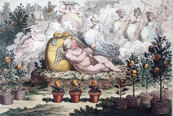 Az Orangerie, avagy The Dutch Cupiding Reposing, After the Fatigues of Planting, Hannah Humphrey 1796-ban (kézzel színezett rézkarc) alkotó: James Gillray