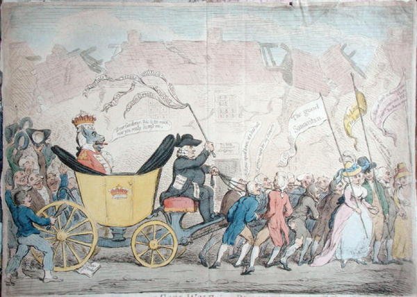 The Pacific Entrance of Earl-Wolf in Blackhaven, Hannah Humphrey adta ki 1792-ben (kézzel színezett rézkarc) alkotó: James Gillray