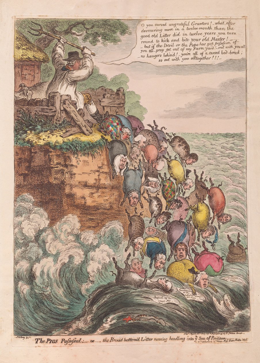 A Disznók megszállt: vagy a Széles fenekű alom, amely hanyatt-homlok rohan a Veszülettengerbe, kocsma. 1807 (kézzel színezett metszet) alkotó: James Gillray