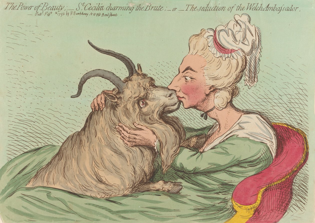 A szépség hatalma; - Szent Cecília elbűvöli a vadállatot; - vagy - A walesi nagykövet elcsábítása (innen: Caricature, 2. kötet) alkotó: James Gillray