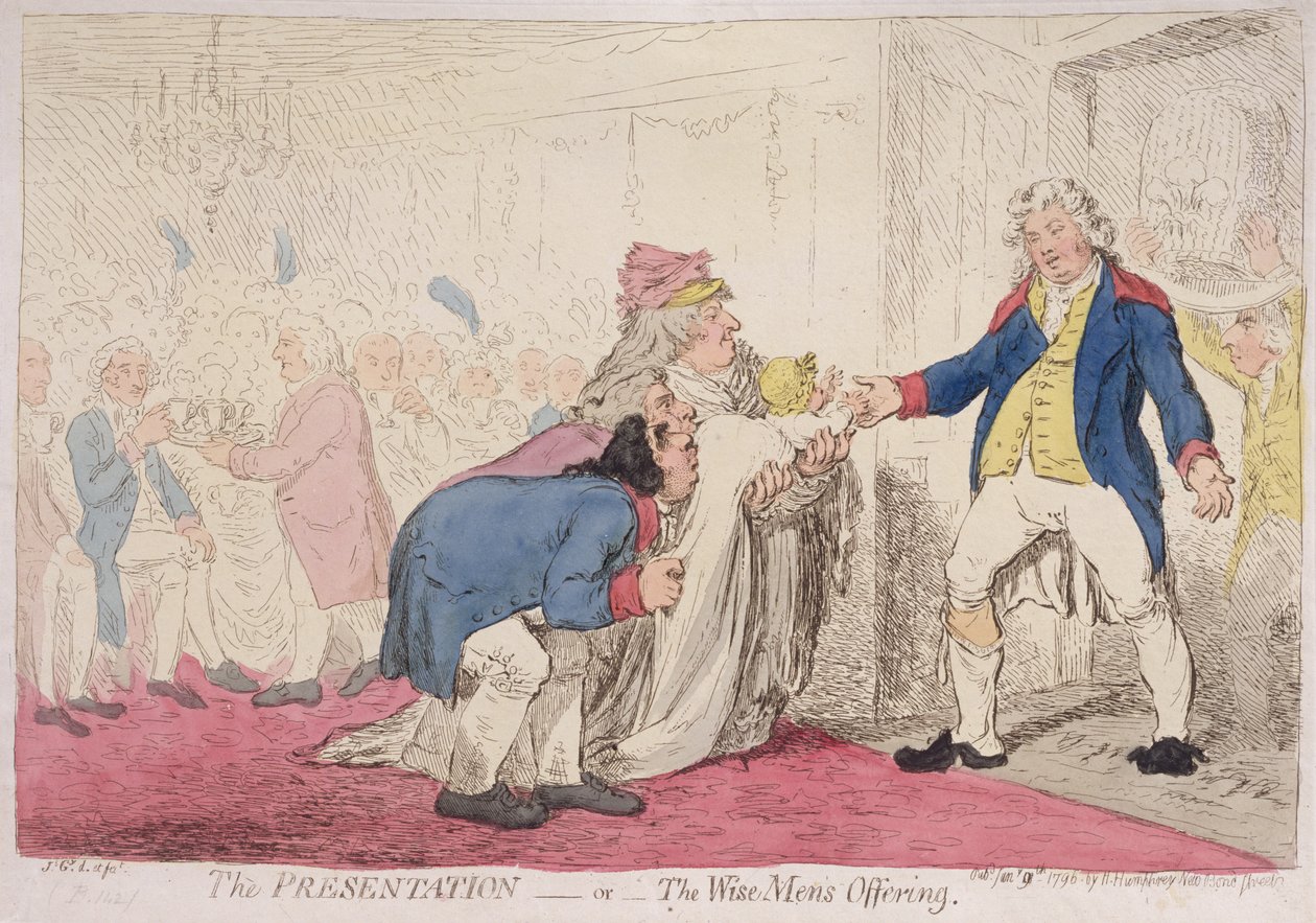 A bemutató, avagy bölcsek felajánlása, Hannah Humphrey adta ki 1796-ban (kézzel színezett rézkarc) alkotó: James Gillray