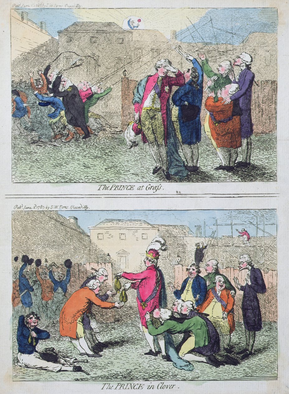 The Prince at Grass és The Prince in Clover, kiadó: S.W. Fores 1787-ben (kézzel színezett rézkarc) alkotó: James Gillray
