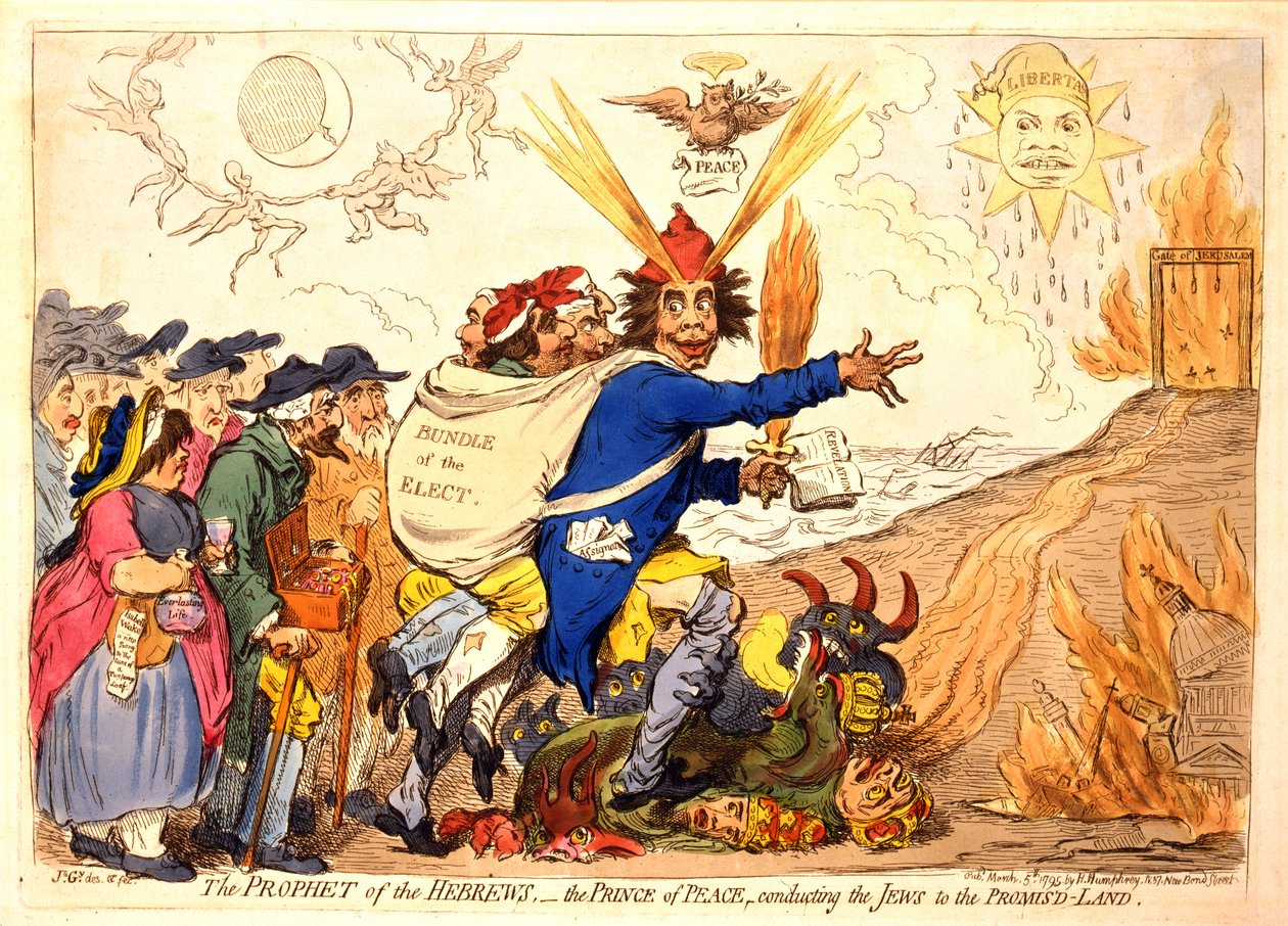 A Héberek Prófétája - a Béke Hercege, aki a zsidókat az Ígéret Földjére vezeti, kocsma. Hannah Humphrey, 1795 (kézzel színezett metszet) alkotó: James Gillray