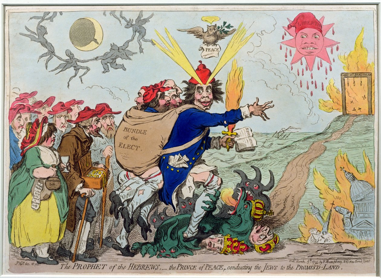 A Héberek Prófétája: A béke hercege, aki a zsidókat az Ígéret Földjére vezeti, Hannah Humphrey adta ki 1795-ben (kézzel színezett rézkarc) alkotó: James Gillray