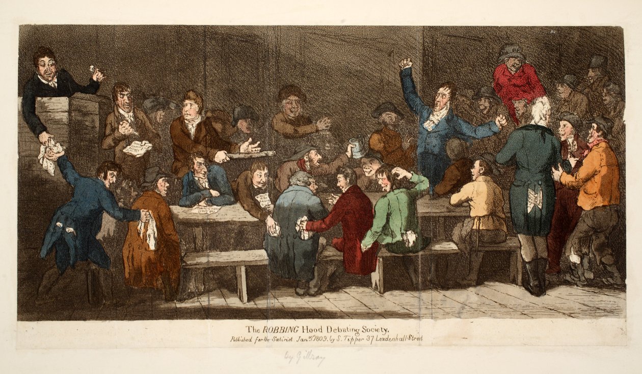 The ROBBING Hood Debating Society, S. Tipper pub, 1809. január 1. (kézzel színezett metszet) alkotó: James Gillray