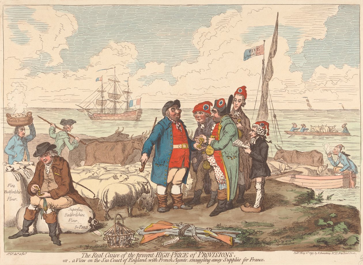 A jelenlegi magas élelmiszerárak valódi oka, avagy kilátás Anglia tengerpartjára francia ügynökökkel, akik Franciaországba csempésznek készleteket alkotó: James Gillray