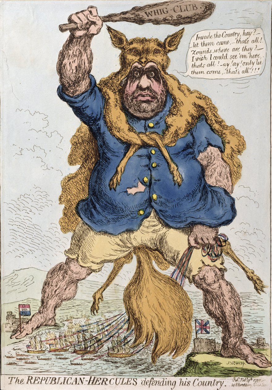 Hannah Humphrey 1797-ben kiadott Republikánus-Herkules, védi hazáját (kézzel színezett rézkarc) alkotó: James Gillray
