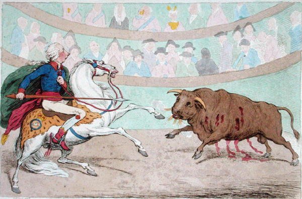 The Royal Bull-Fight, Hannah Humphrey 1795-ben (kézzel színezett rézkarc) alkotó: James Gillray