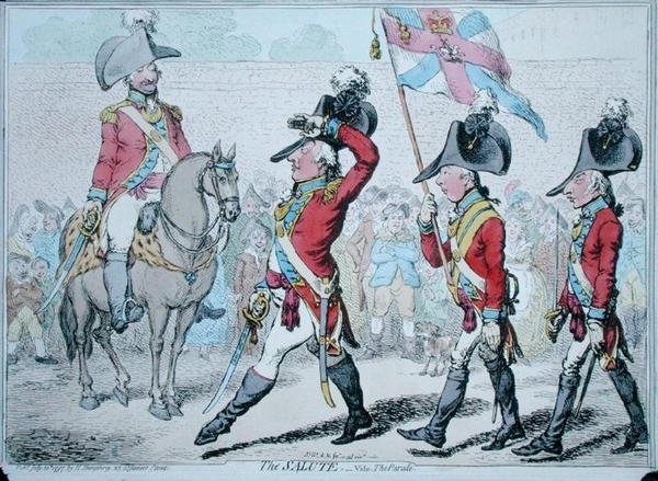 A tisztelgés, avagy The Parade, Hannah Humphrey 1797-ben (kézzel színezett rézkarc) alkotó: James Gillray