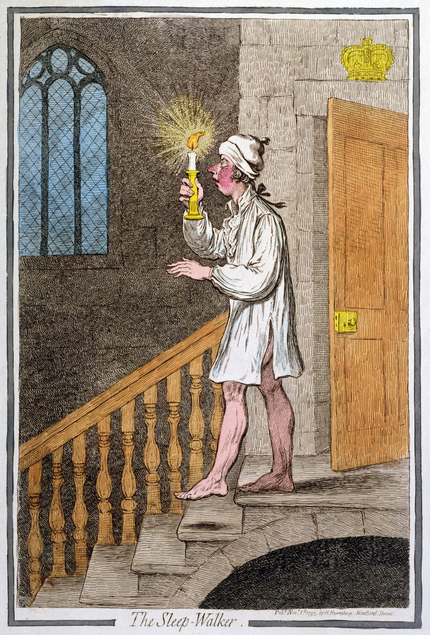 The Sleep-Walker, Hannah Humphrey 1795-ben (kézzel színezett rézkarc0 alkotó: James Gillray