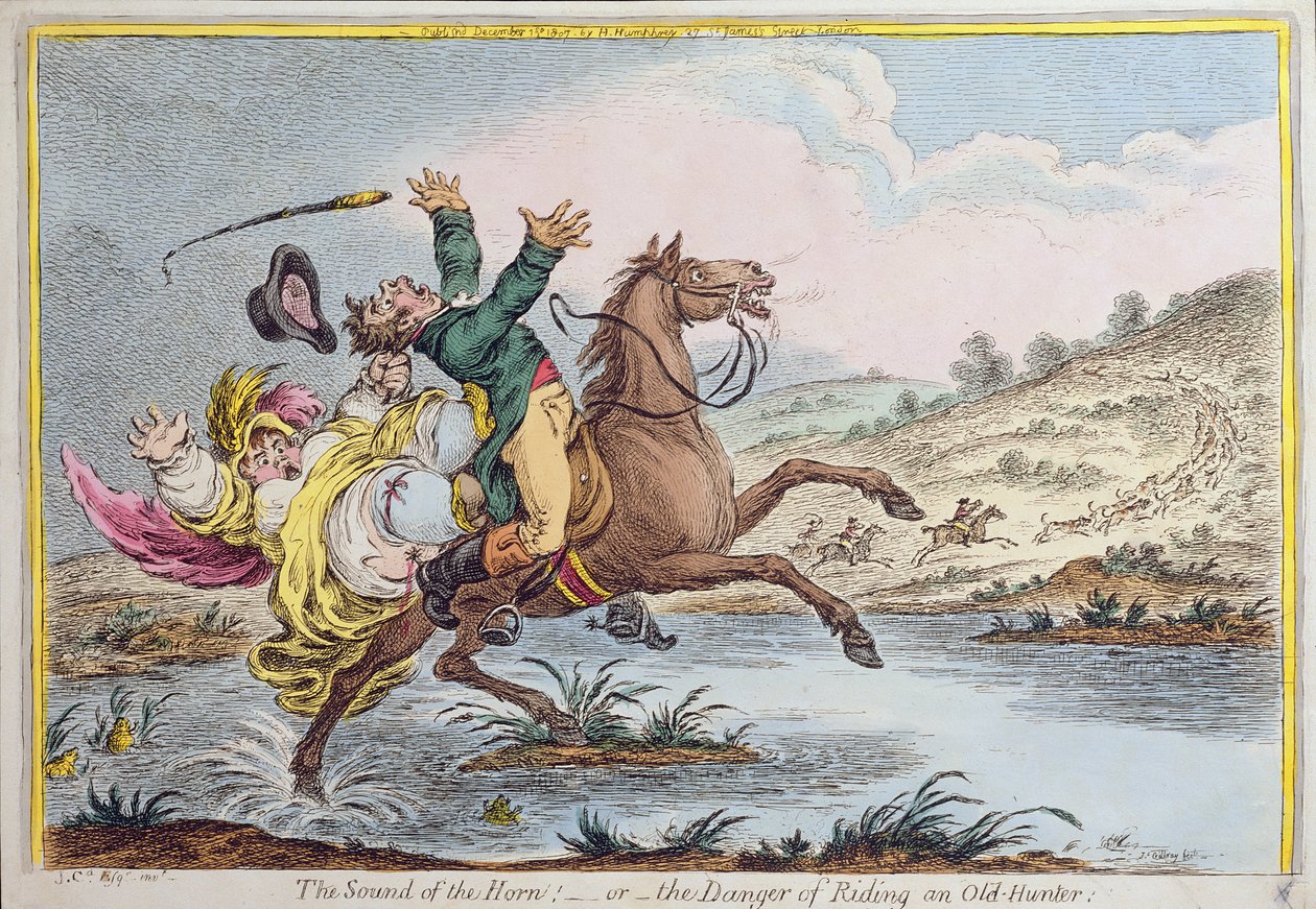 A kürt hangja, avagy Az öreg vadász meglovaglásának veszélye, Hannah Humphrey adta ki 1807-ben (kézzel színezett rézkarc) alkotó: James Gillray