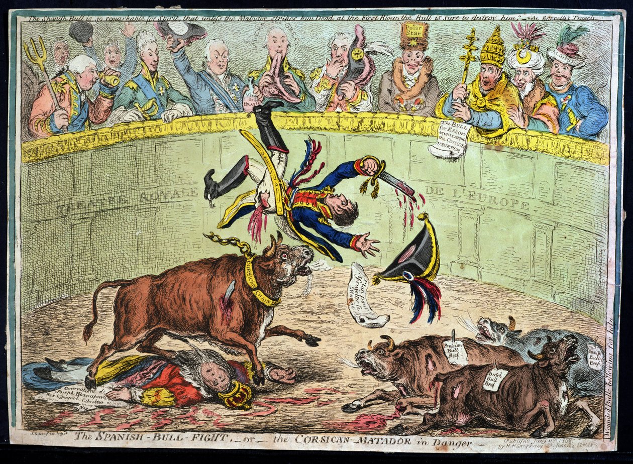 A spanyol bikaviadal, avagy A korzikai matador veszélyben, Hannah Humphrey 1808-ban (kézzel színezett rézkarc) alkotó: James Gillray