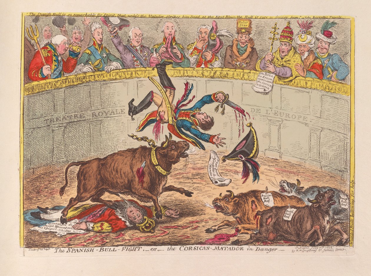 A spanyol bikaviadal vagy a korzikai matador veszélyben, kocsma. 1805 (kézzel színezett metszet) alkotó: James Gillray