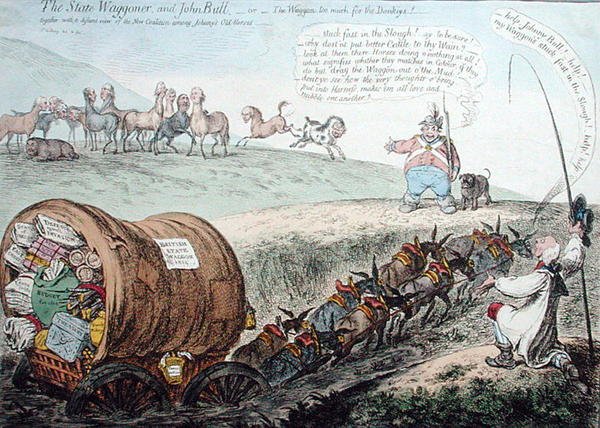 A State Wagoner és a John Bull, vagy a The Waggon túl sok a szamarakért! Hannah Humphrey adta ki 1804-ben (kézzel színezett rézkarc) alkotó: James Gillray