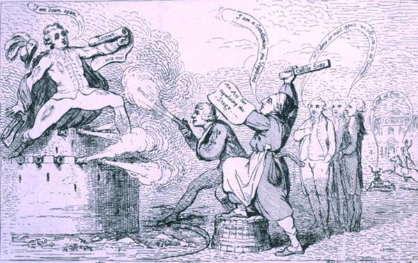 A színházi háború, S.W. Fores 1787-ben (rézkarc) alkotó: James Gillray
