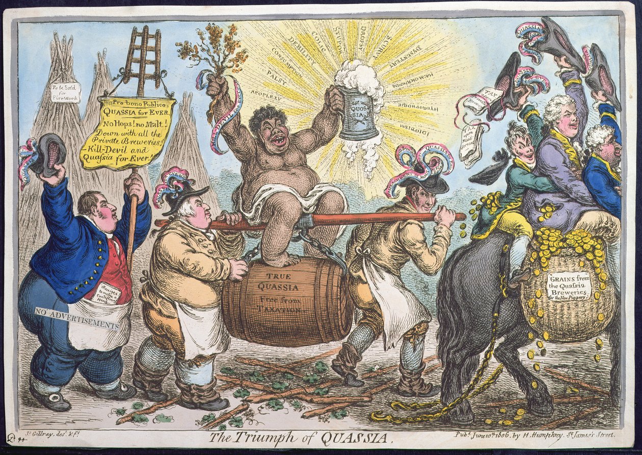 The Triumph of Quassia, kiadta Hannah Humphrey 1806-ban (kézi színezett metszet) alkotó: James Gillray