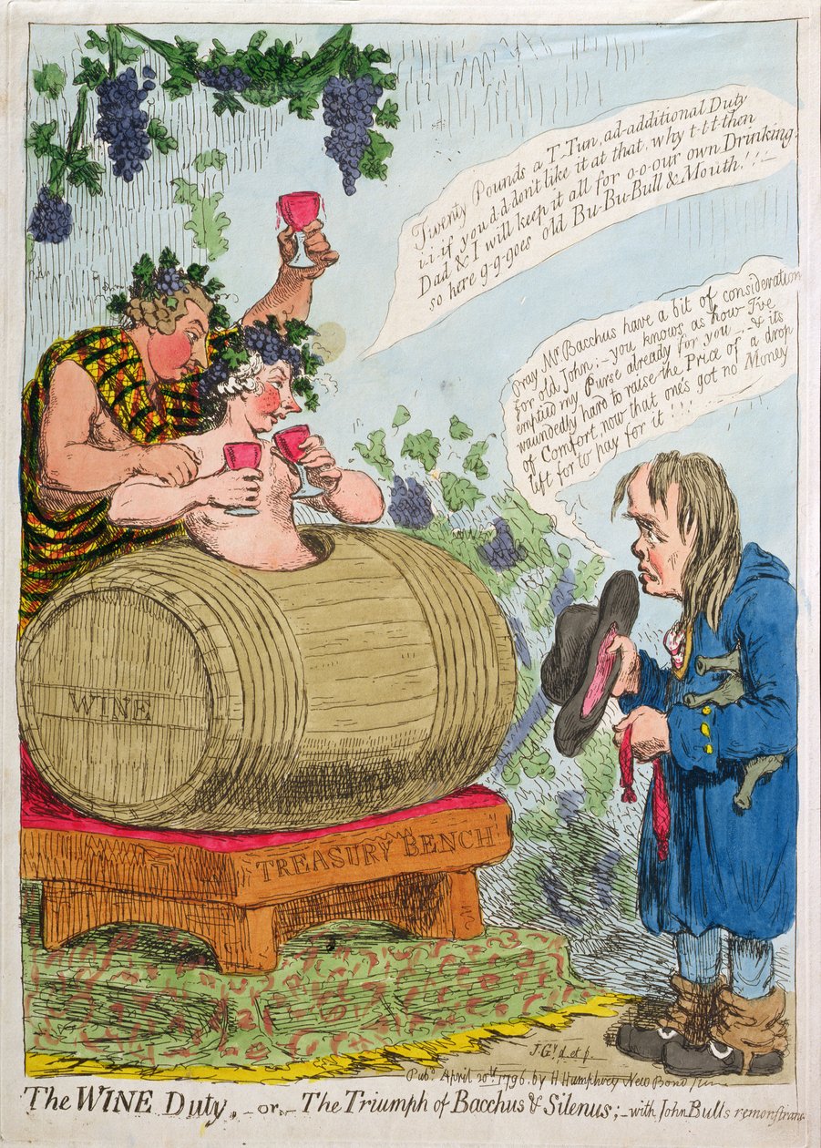 The Wine Duty, avagy Bacchus és Silenus diadala John Bull Remonstrance című művével, Hannah Humphrey adta ki 1796-ban (kézzel színezett rézkarc) alkotó: James Gillray
