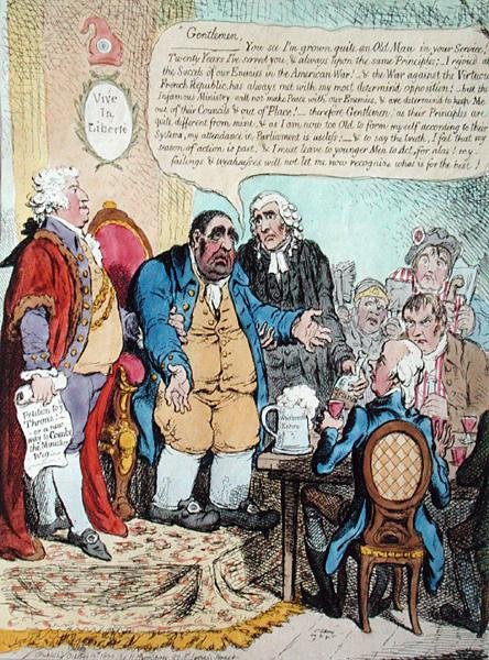 The Worn Out Patriot, avagy a Westminsteri képviselő utolsó haldokló beszéde az évfordulós találkozón 1800. október 10-én, a Shakespeare Tavernben, Hannah Humphrey adta ki 1800-ban (kézzel színezett rézkarc) alkotó: James Gillray