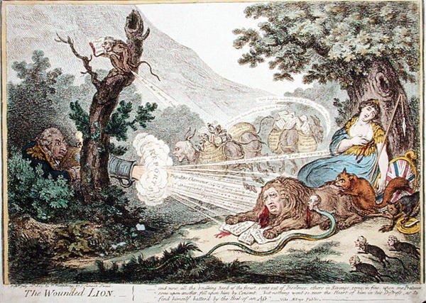 A sebesült oroszlán, Hannah Humphrey kiadása 1805-ben (kézi színezett metszet) alkotó: James Gillray