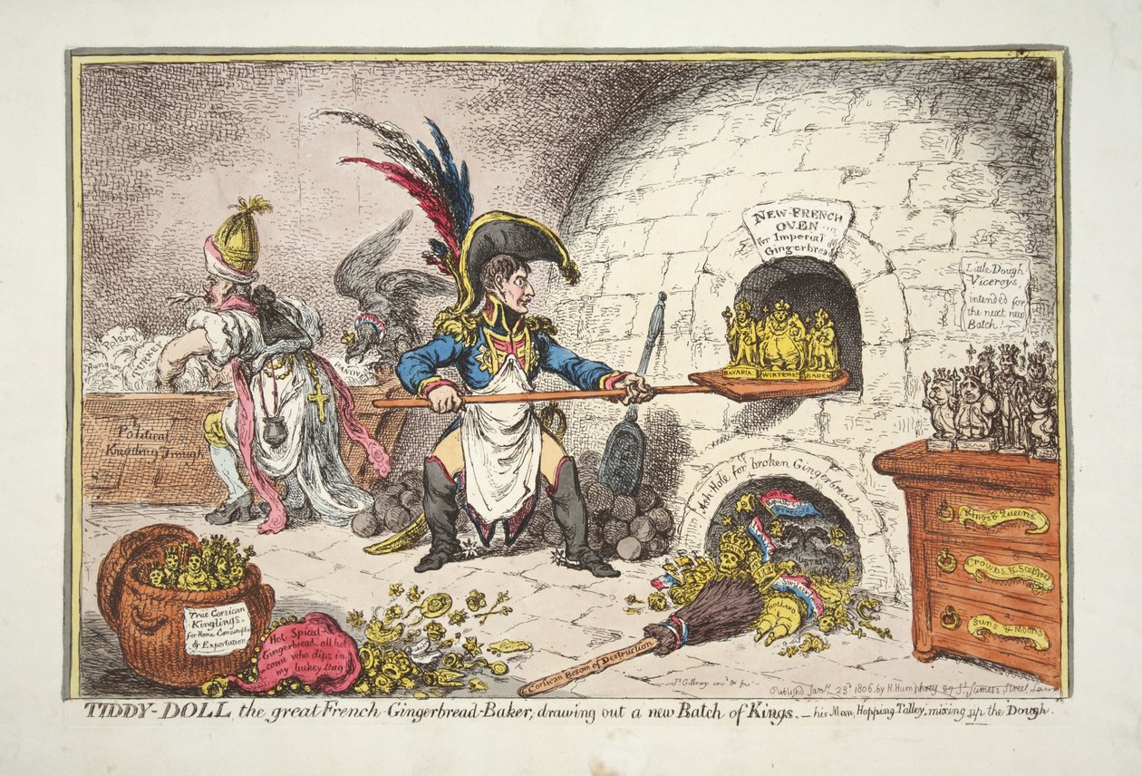 Tiddy-Doll, a nagy francia mézeskalács-sütő új Királyköteget rajzol. - a Man Hopping Talley, keveri a tésztát, kocsma. 1806 (kézzel színezett metszet) alkotó: James Gillray