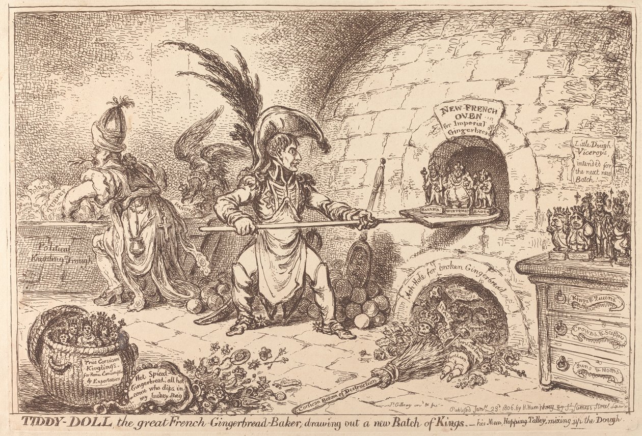 Tiddy-Doll, a nagyszerű mézeskalács-sütő, épp egy új adag „Kings” mézeskalácsot készít alkotó: James Gillray