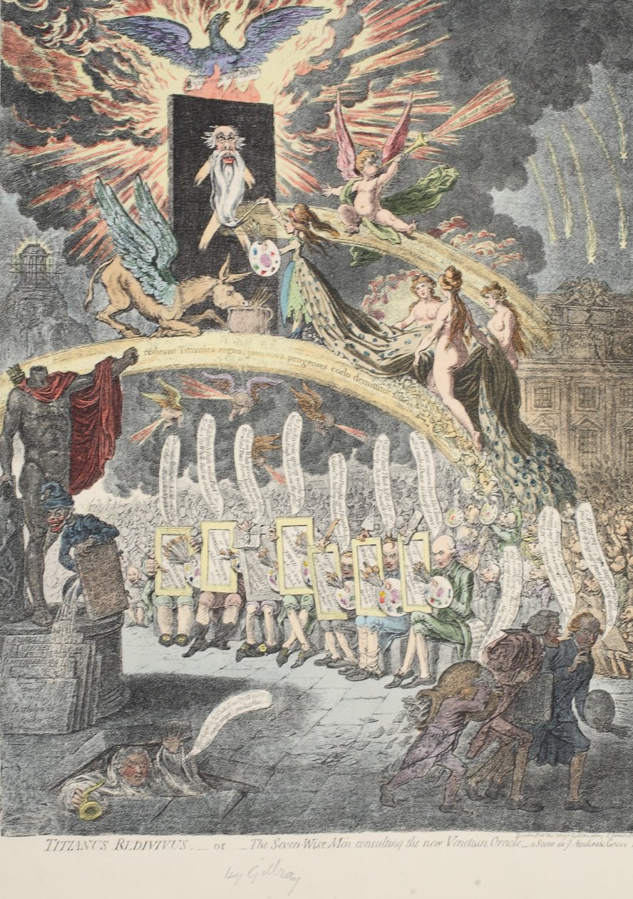 Titianus Redivivus avagy a hét bölcs, akik az új velencei orákulumban tanácskoznak, egy jelenet az „Academic Grove No.1”-ben, H. Humphrey kocsmájában 1797. november (kézzel színezett metszet) alkotó: James Gillray