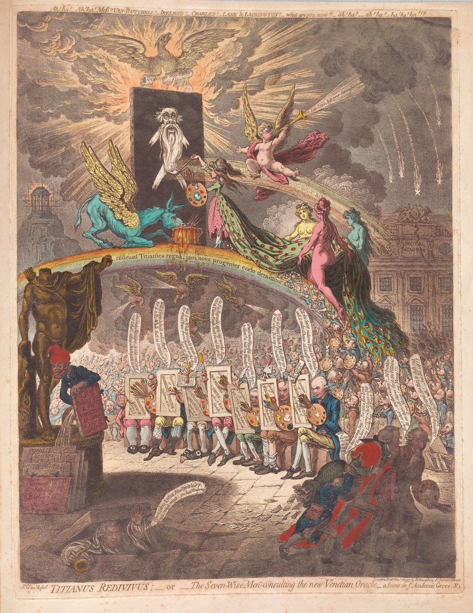 Titianus Redivivus vagy a Hét Bölcs, aki tanácsot ad az új velencei orákulumnak, egy jelenet az Academic Grove No.1-ben, pub. 1797 (kézzel színezett metszet) alkotó: James Gillray