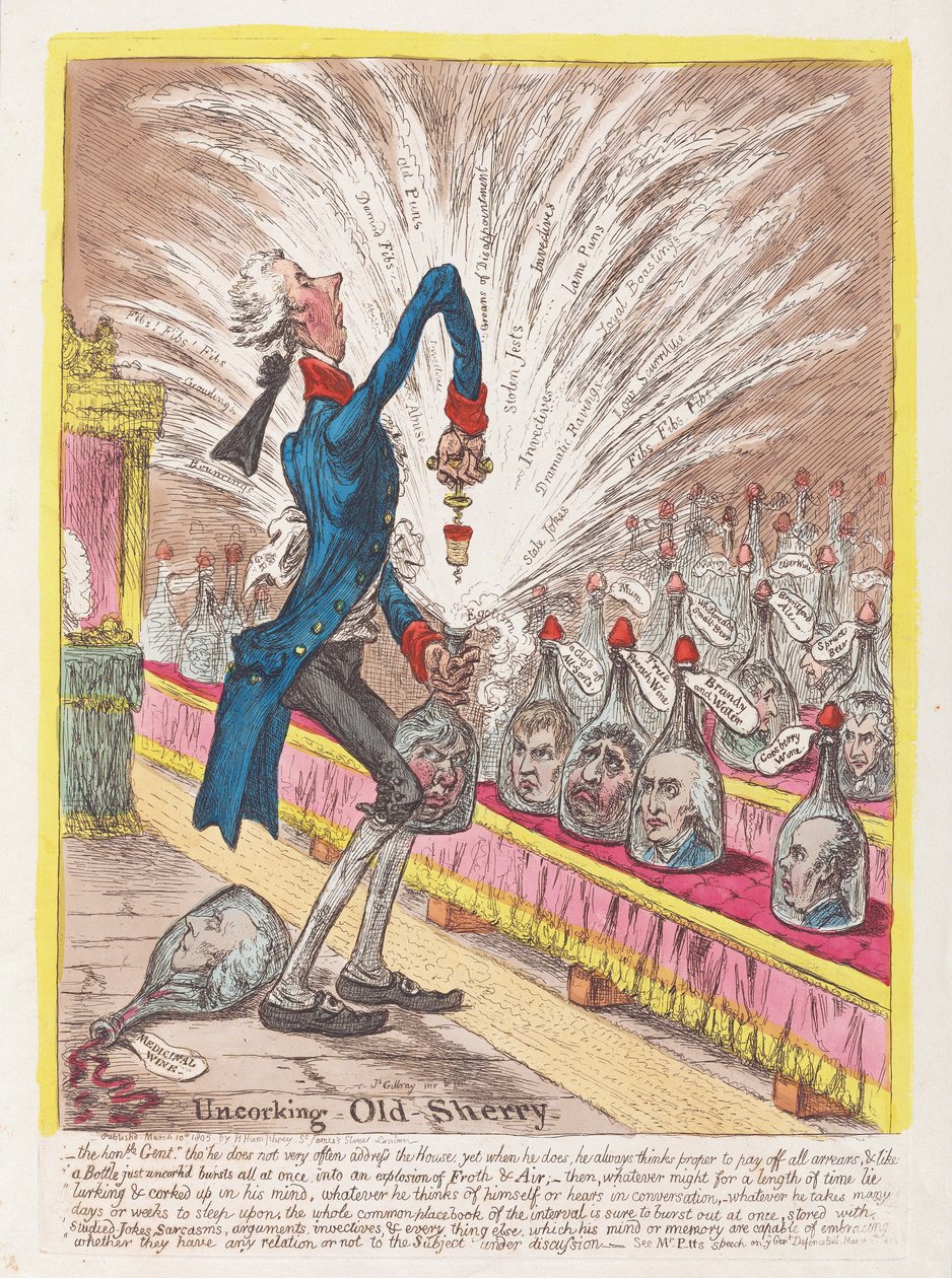 Old Sherry kibontása, pub. 1805 (kézzel színezett metszet) alkotó: James Gillray